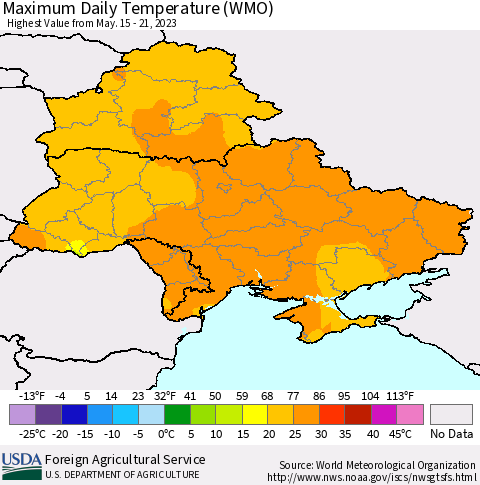 Ukraine, Moldova and Belarus Maximum Daily Temperature (WMO) Thematic Map For 5/15/2023 - 5/21/2023