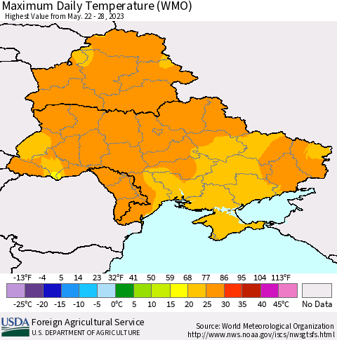 Ukraine, Moldova and Belarus Maximum Daily Temperature (WMO) Thematic Map For 5/22/2023 - 5/28/2023