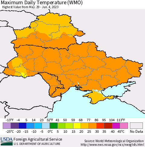 Ukraine, Moldova and Belarus Maximum Daily Temperature (WMO) Thematic Map For 5/29/2023 - 6/4/2023