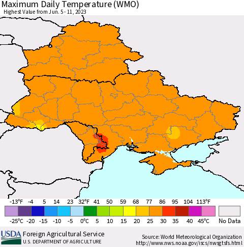 Ukraine, Moldova and Belarus Maximum Daily Temperature (WMO) Thematic Map For 6/5/2023 - 6/11/2023