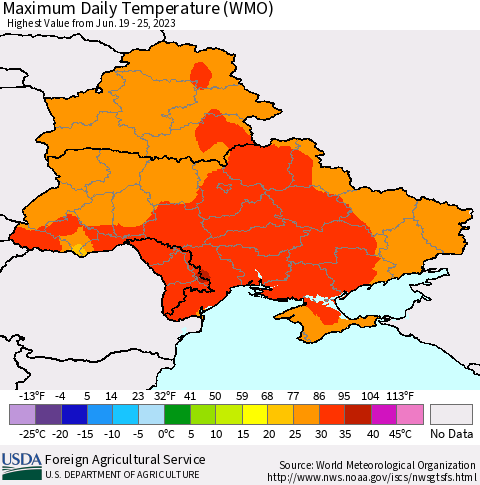 Ukraine, Moldova and Belarus Maximum Daily Temperature (WMO) Thematic Map For 6/19/2023 - 6/25/2023