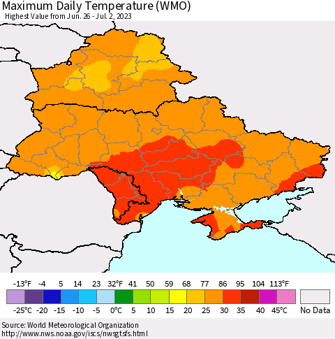 Ukraine, Moldova and Belarus Maximum Daily Temperature (WMO) Thematic Map For 6/26/2023 - 7/2/2023