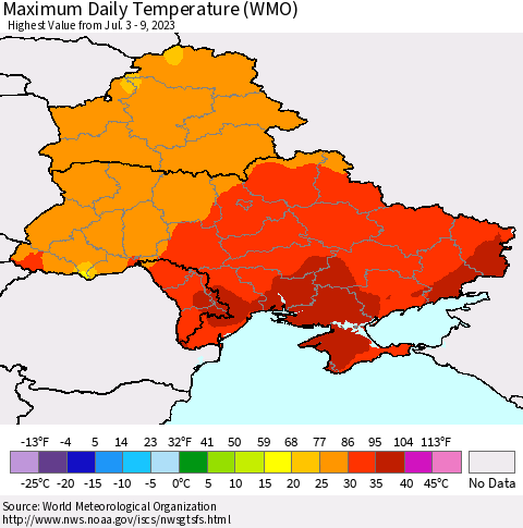 Ukraine, Moldova and Belarus Maximum Daily Temperature (WMO) Thematic Map For 7/3/2023 - 7/9/2023