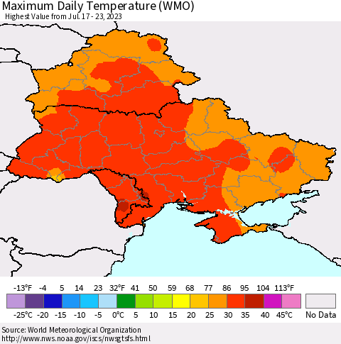 Ukraine, Moldova and Belarus Maximum Daily Temperature (WMO) Thematic Map For 7/17/2023 - 7/23/2023