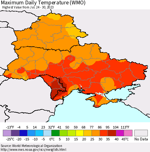 Ukraine, Moldova and Belarus Maximum Daily Temperature (WMO) Thematic Map For 7/24/2023 - 7/30/2023