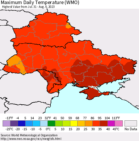 Ukraine, Moldova and Belarus Maximum Daily Temperature (WMO) Thematic Map For 7/31/2023 - 8/6/2023