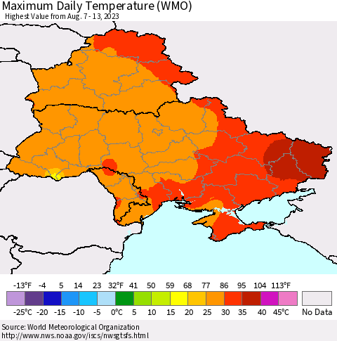 Ukraine, Moldova and Belarus Maximum Daily Temperature (WMO) Thematic Map For 8/7/2023 - 8/13/2023