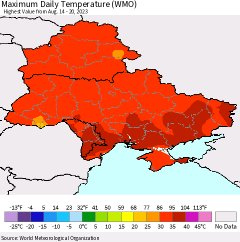 Ukraine, Moldova and Belarus Maximum Daily Temperature (WMO) Thematic Map For 8/14/2023 - 8/20/2023