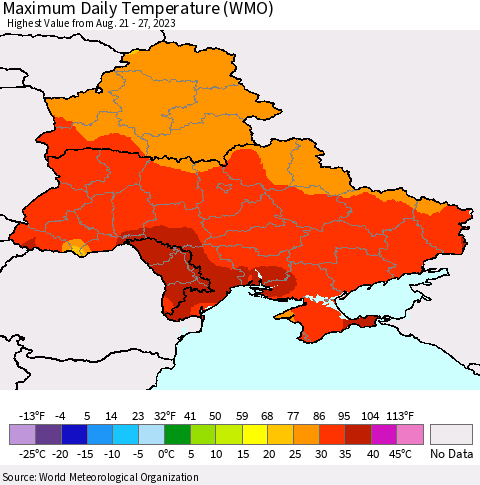 Ukraine, Moldova and Belarus Maximum Daily Temperature (WMO) Thematic Map For 8/21/2023 - 8/27/2023