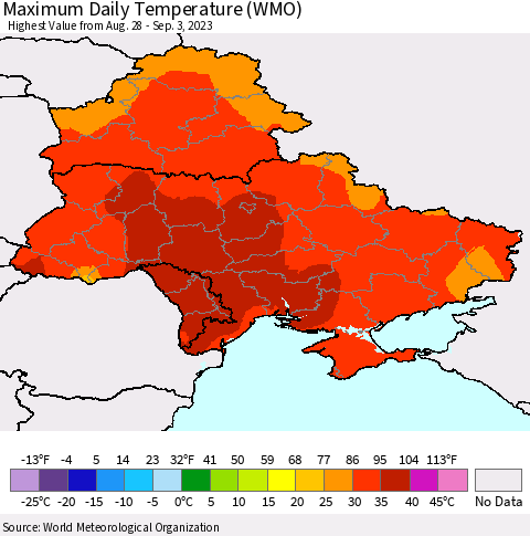 Ukraine, Moldova and Belarus Maximum Daily Temperature (WMO) Thematic Map For 8/28/2023 - 9/3/2023