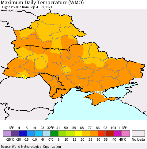 Ukraine, Moldova and Belarus Maximum Daily Temperature (WMO) Thematic Map For 9/4/2023 - 9/10/2023