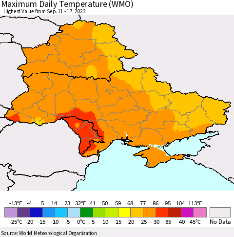 Ukraine, Moldova and Belarus Maximum Daily Temperature (WMO) Thematic Map For 9/11/2023 - 9/17/2023