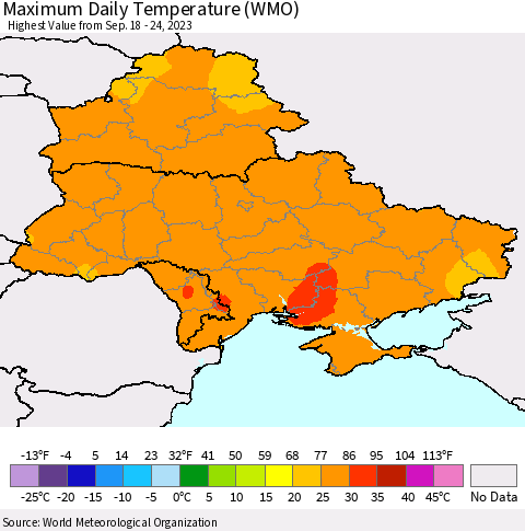 Ukraine, Moldova and Belarus Maximum Daily Temperature (WMO) Thematic Map For 9/18/2023 - 9/24/2023
