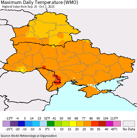 Ukraine, Moldova and Belarus Maximum Daily Temperature (WMO) Thematic Map For 9/25/2023 - 10/1/2023