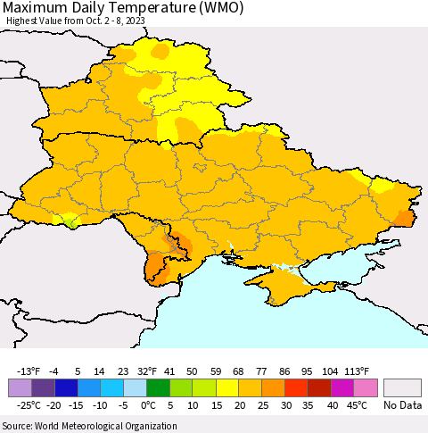 Ukraine, Moldova and Belarus Maximum Daily Temperature (WMO) Thematic Map For 10/2/2023 - 10/8/2023