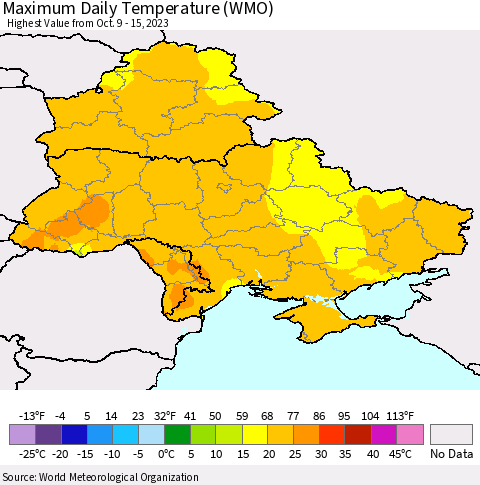 Ukraine, Moldova and Belarus Maximum Daily Temperature (WMO) Thematic Map For 10/9/2023 - 10/15/2023
