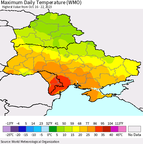 Ukraine, Moldova and Belarus Maximum Daily Temperature (WMO) Thematic Map For 10/16/2023 - 10/22/2023