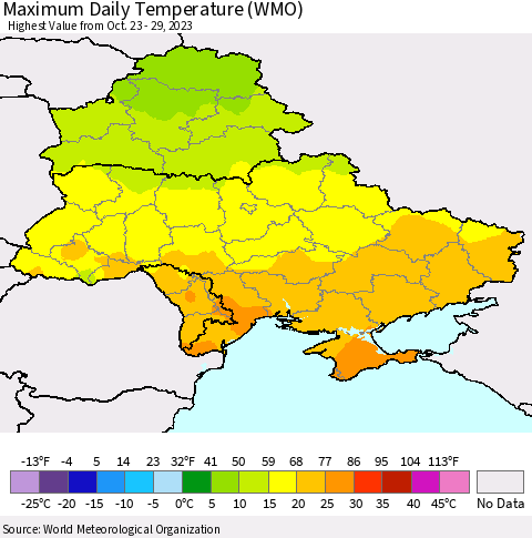 Ukraine, Moldova and Belarus Maximum Daily Temperature (WMO) Thematic Map For 10/23/2023 - 10/29/2023