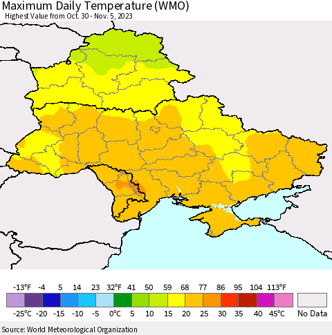 Ukraine, Moldova and Belarus Maximum Daily Temperature (WMO) Thematic Map For 10/30/2023 - 11/5/2023