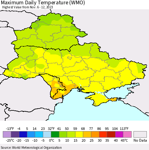 Ukraine, Moldova and Belarus Maximum Daily Temperature (WMO) Thematic Map For 11/6/2023 - 11/12/2023