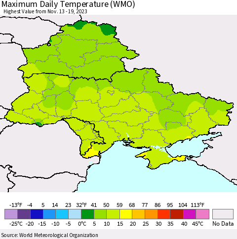 Ukraine, Moldova and Belarus Maximum Daily Temperature (WMO) Thematic Map For 11/13/2023 - 11/19/2023