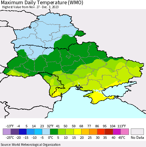 Ukraine, Moldova and Belarus Maximum Daily Temperature (WMO) Thematic Map For 11/27/2023 - 12/3/2023