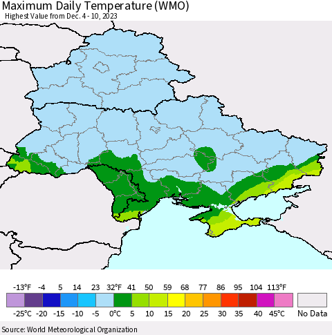 Ukraine, Moldova and Belarus Maximum Daily Temperature (WMO) Thematic Map For 12/4/2023 - 12/10/2023