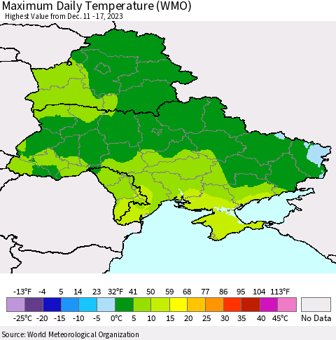 Ukraine, Moldova and Belarus Maximum Daily Temperature (WMO) Thematic Map For 12/11/2023 - 12/17/2023