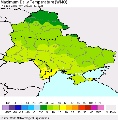 Ukraine, Moldova and Belarus Maximum Daily Temperature (WMO) Thematic Map For 12/25/2023 - 12/31/2023