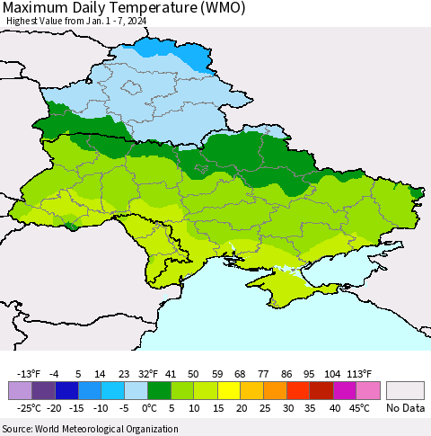 Ukraine, Moldova and Belarus Maximum Daily Temperature (WMO) Thematic Map For 1/1/2024 - 1/7/2024