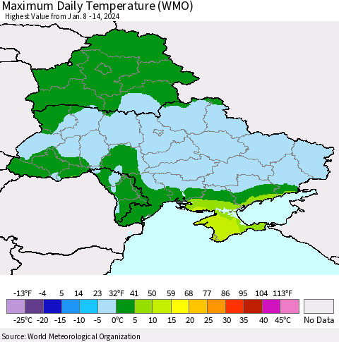 Ukraine, Moldova and Belarus Maximum Daily Temperature (WMO) Thematic Map For 1/8/2024 - 1/14/2024