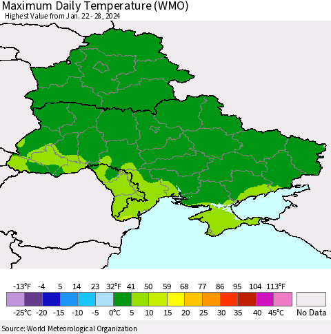 Ukraine, Moldova and Belarus Maximum Daily Temperature (WMO) Thematic Map For 1/22/2024 - 1/28/2024