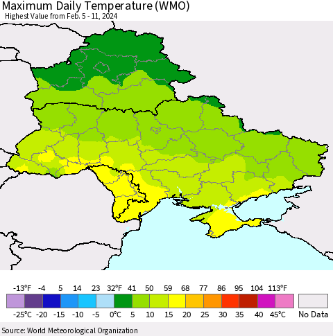 Ukraine, Moldova and Belarus Maximum Daily Temperature (WMO) Thematic Map For 2/5/2024 - 2/11/2024