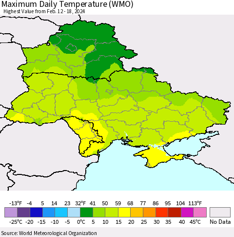 Ukraine, Moldova and Belarus Maximum Daily Temperature (WMO) Thematic Map For 2/12/2024 - 2/18/2024