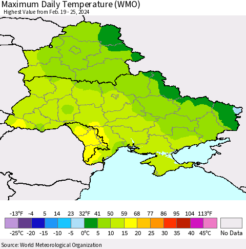Ukraine, Moldova and Belarus Maximum Daily Temperature (WMO) Thematic Map For 2/19/2024 - 2/25/2024
