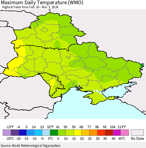 Ukraine, Moldova and Belarus Maximum Daily Temperature (WMO) Thematic Map For 2/26/2024 - 3/3/2024