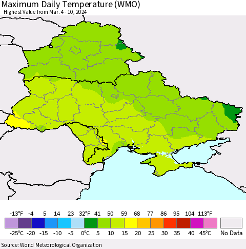 Ukraine, Moldova and Belarus Maximum Daily Temperature (WMO) Thematic Map For 3/4/2024 - 3/10/2024