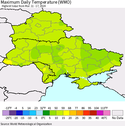 Ukraine, Moldova and Belarus Maximum Daily Temperature (WMO) Thematic Map For 3/11/2024 - 3/17/2024