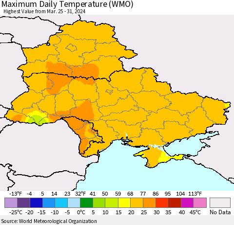 Ukraine, Moldova and Belarus Maximum Daily Temperature (WMO) Thematic Map For 3/25/2024 - 3/31/2024