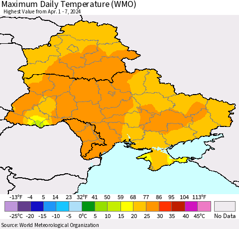 Ukraine, Moldova and Belarus Maximum Daily Temperature (WMO) Thematic Map For 4/1/2024 - 4/7/2024