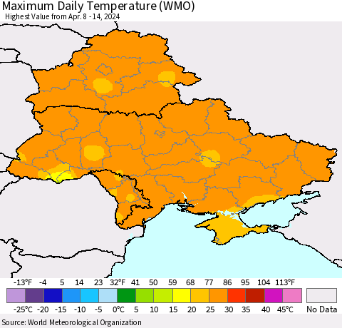 Ukraine, Moldova and Belarus Maximum Daily Temperature (WMO) Thematic Map For 4/8/2024 - 4/14/2024