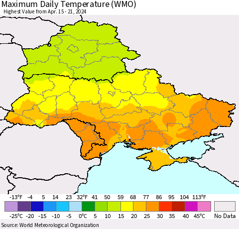Ukraine, Moldova and Belarus Maximum Daily Temperature (WMO) Thematic Map For 4/15/2024 - 4/21/2024