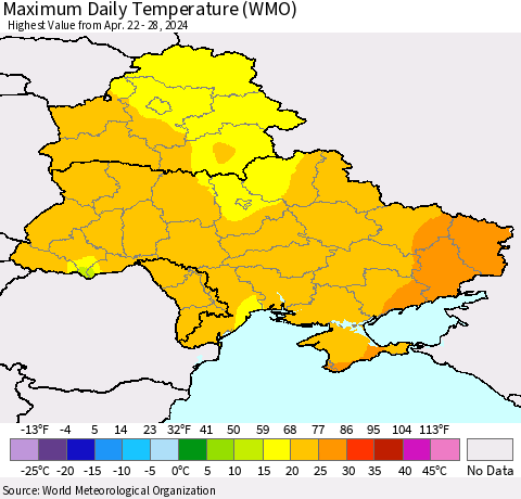 Ukraine, Moldova and Belarus Maximum Daily Temperature (WMO) Thematic Map For 4/22/2024 - 4/28/2024