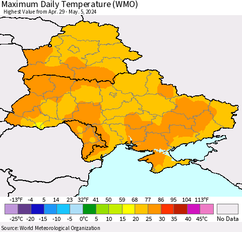 Ukraine, Moldova and Belarus Maximum Daily Temperature (WMO) Thematic Map For 4/29/2024 - 5/5/2024