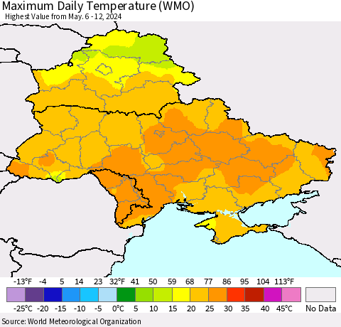Ukraine, Moldova and Belarus Maximum Daily Temperature (WMO) Thematic Map For 5/6/2024 - 5/12/2024
