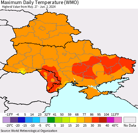 Ukraine, Moldova and Belarus Maximum Daily Temperature (WMO) Thematic Map For 5/27/2024 - 6/2/2024