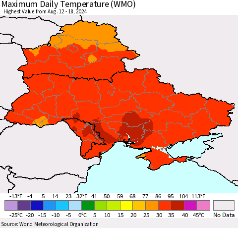 Ukraine, Moldova and Belarus Maximum Daily Temperature (WMO) Thematic Map For 8/12/2024 - 8/18/2024