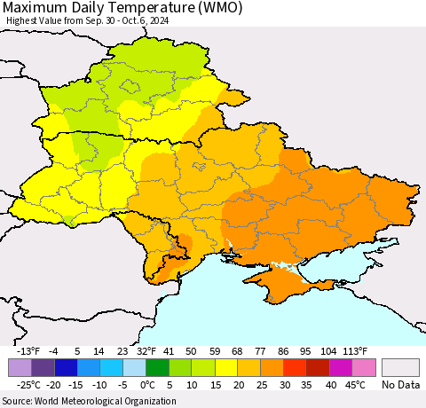 Ukraine, Moldova and Belarus Maximum Daily Temperature (WMO) Thematic Map For 9/30/2024 - 10/6/2024