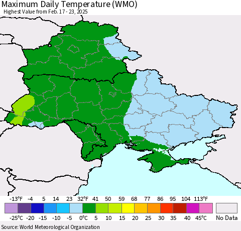 Ukraine, Moldova and Belarus Maximum Daily Temperature (WMO) Thematic Map For 2/17/2025 - 2/23/2025