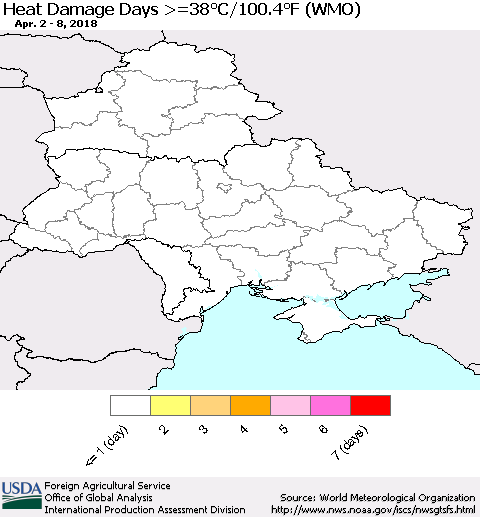 Ukraine, Moldova and Belarus Heat Damage Days >=38°C/100°F (WMO) Thematic Map For 4/2/2018 - 4/8/2018